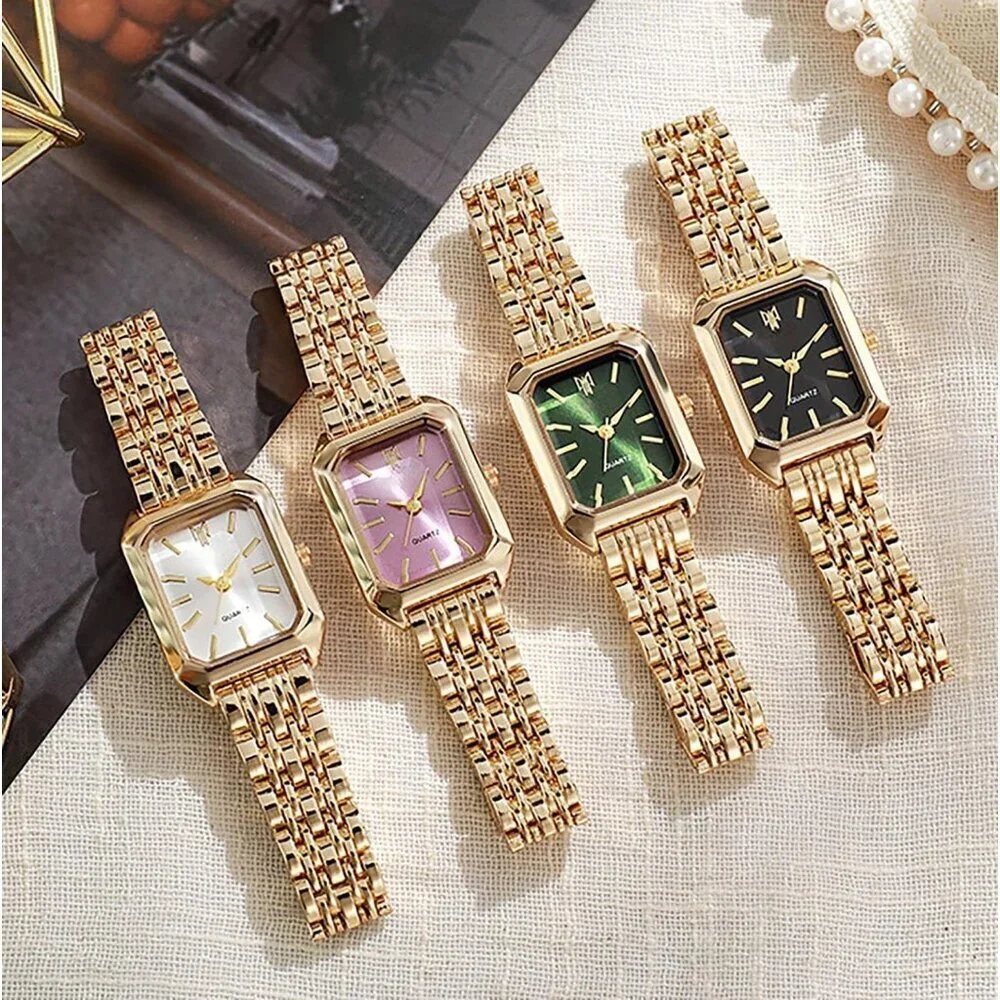 Women's Gold Black Square Quartz Wrist Watches Steel Strap Casual Fashion